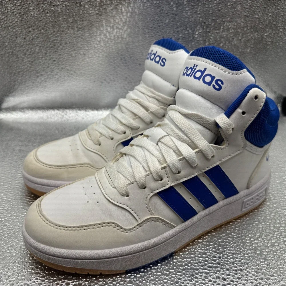 Size 4 Adidas Hoops 3.0 Mid Sneakers Kids White Blue Good IE0222 High Top